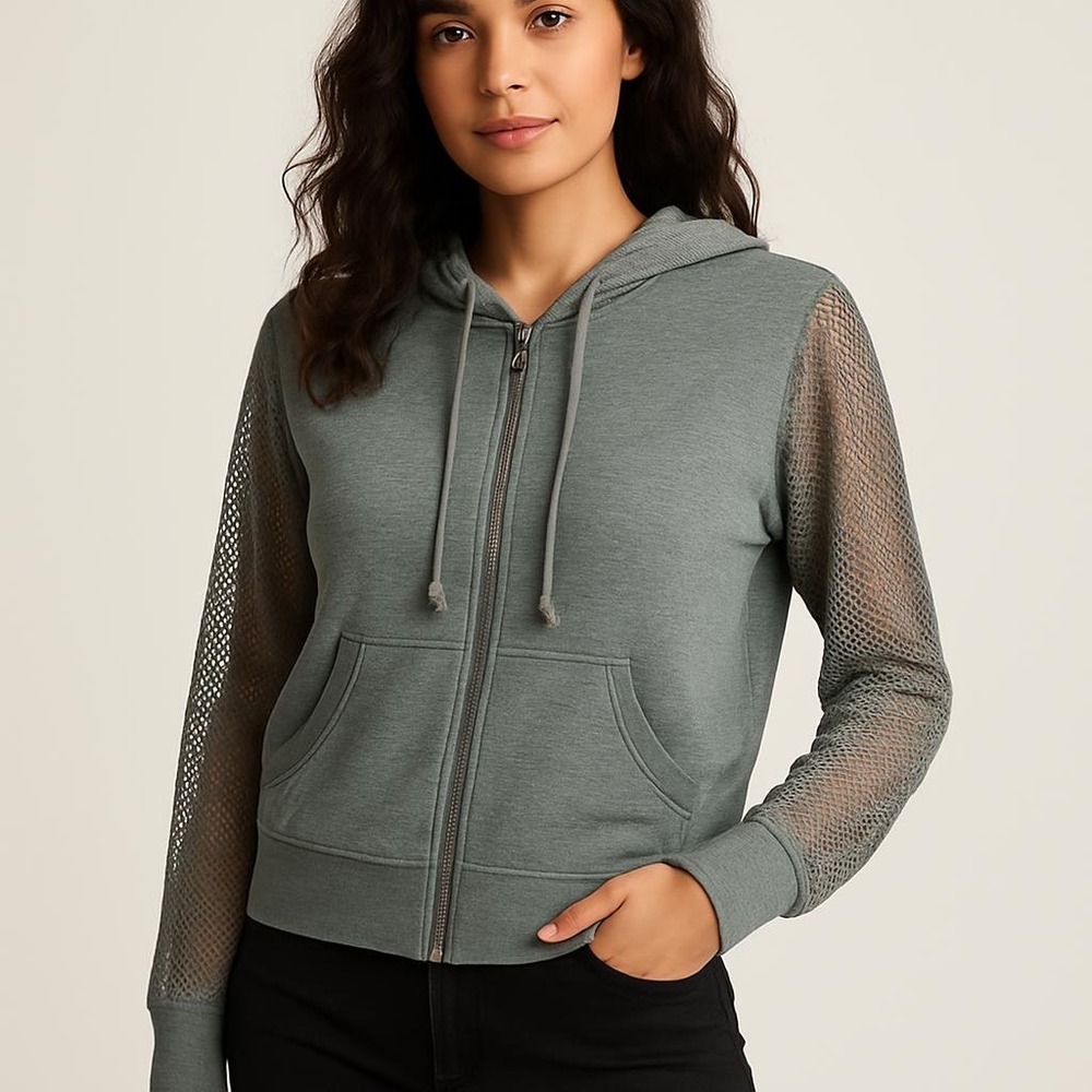 Mur Mur Women's Stylish Grayish green Mesh Sleeve Zip-Up Hoodie Size L